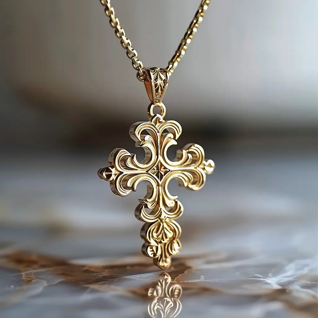 Baroque-Style Gold Cross Pendant – Ornate Design