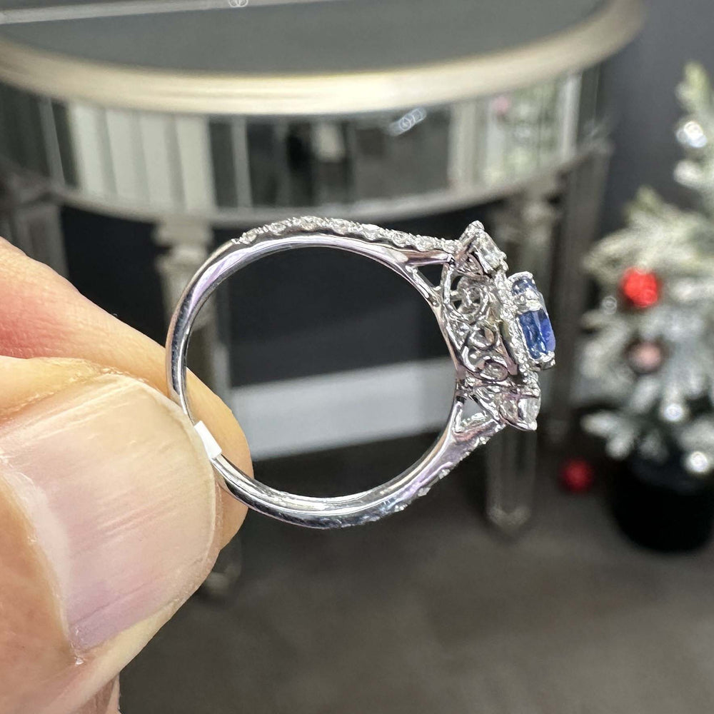 Stunning 14K Gold Oval Blue Sapphire Ring with Halo and Side Stones