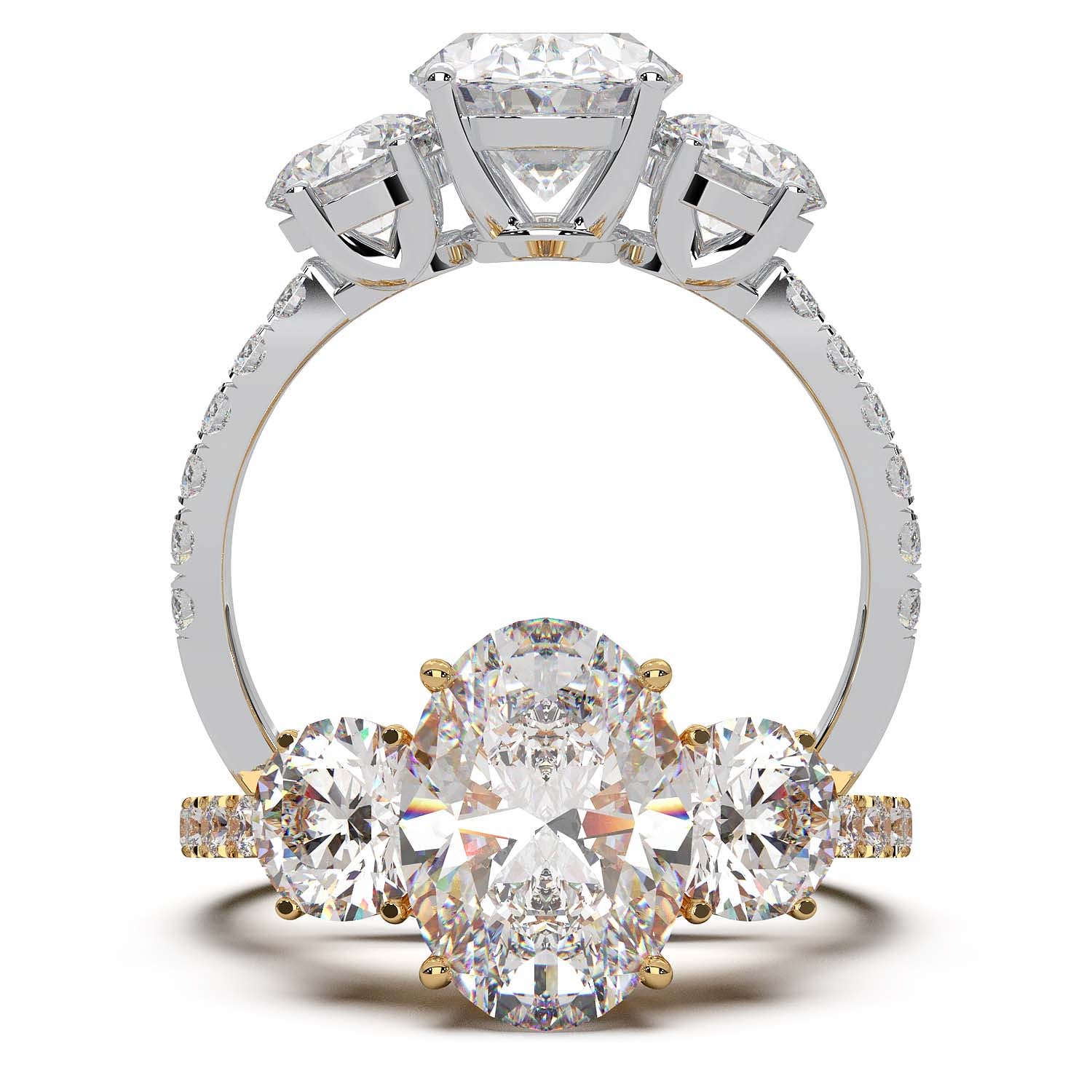 Three-stone engagement ring with 2-carat oval lab-grown diamond, round side stones, and pave band