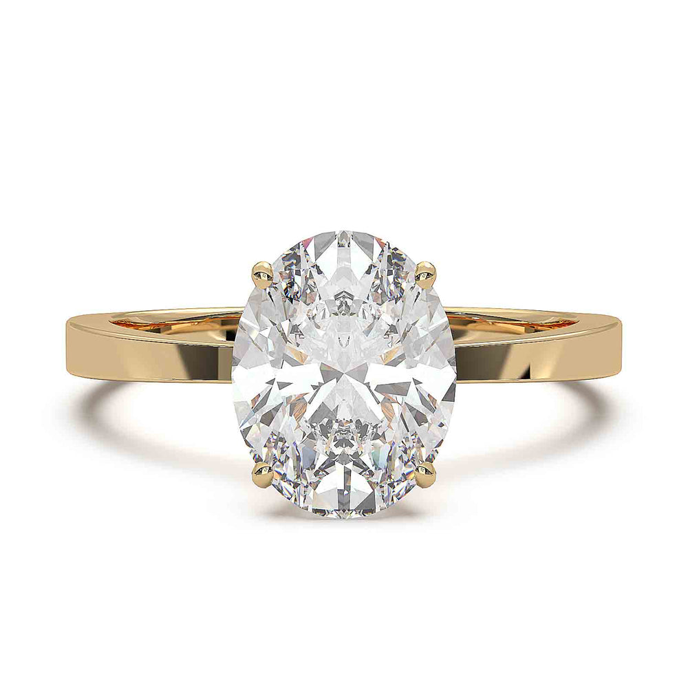 Oval diamond solitaire engagement ring with a tapered band, featuring a 1.6 CT lab-grown diamond, D color, VVS clarity.