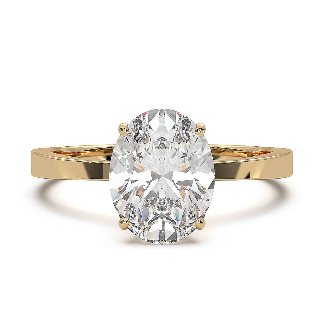 Oval diamond solitaire engagement ring with a tapered band, featuring a 1.6 CT lab-grown diamond, D color, VVS clarity.