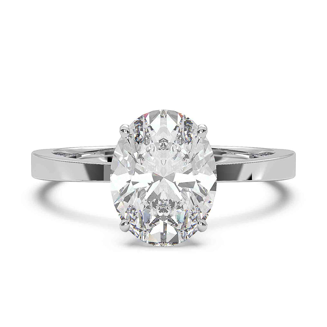 Oval diamond solitaire engagement ring with a tapered band, featuring a 1.6 CT lab-grown diamond, D color, VVS clarity.