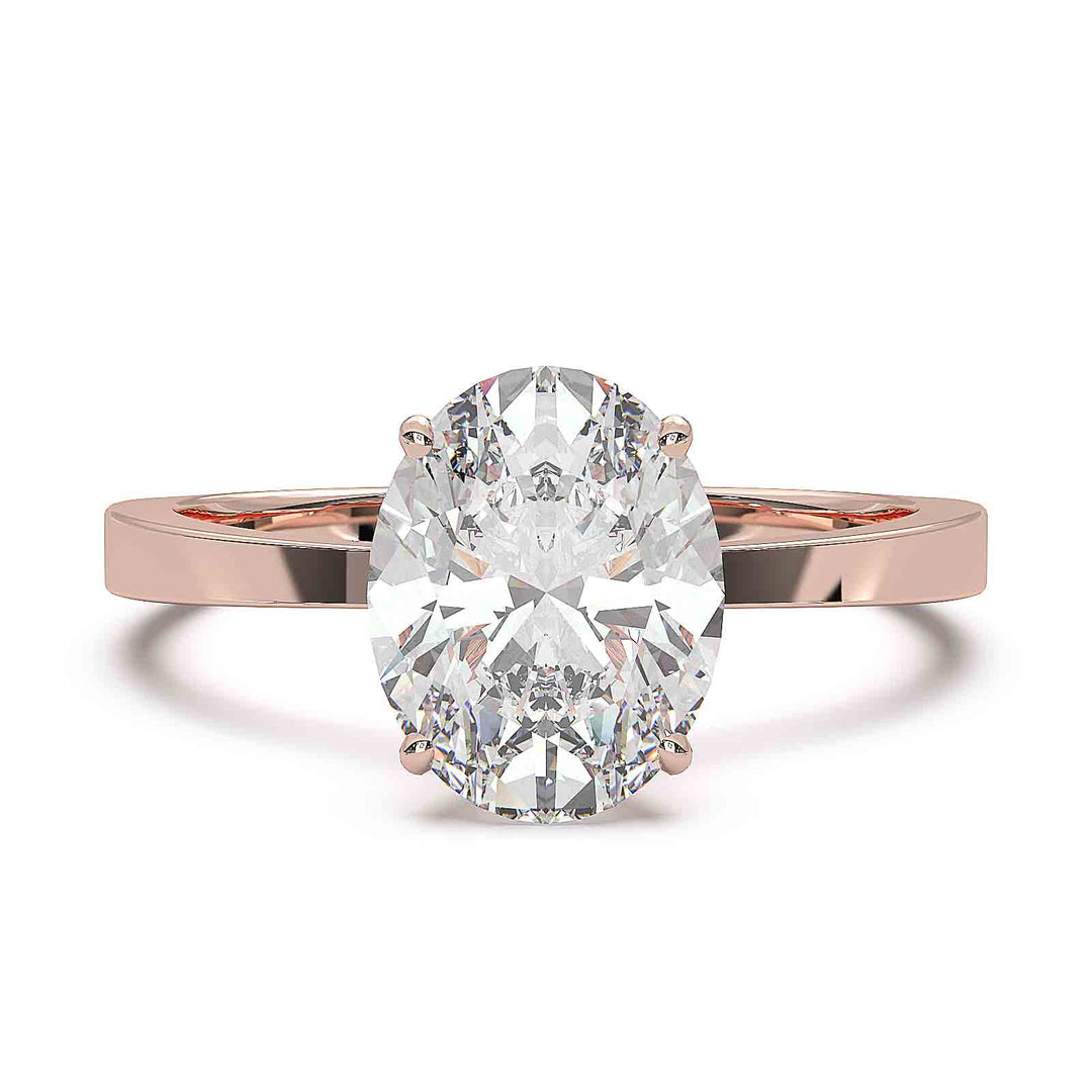 Oval diamond solitaire engagement ring with a tapered band, featuring a 1.6 CT lab-grown diamond, D color, VVS clarity.