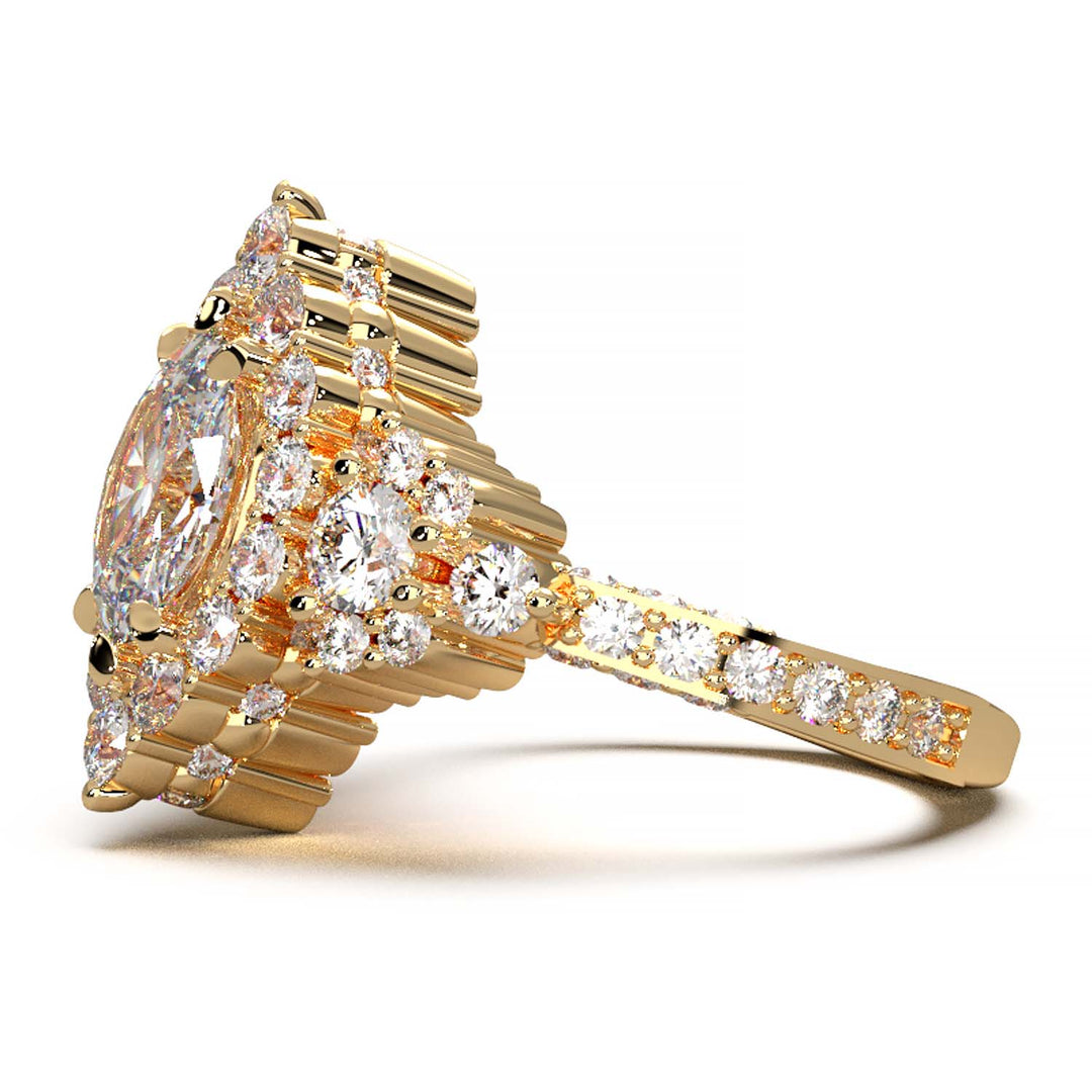 Majestic 1.30 CT Oval-Cut Lab-Grown Diamond Engagement Ring Encircled by a Sparkling Halo and Adorned with an Under-gallery of Pave Diamonds in a Yellow Gold Setting