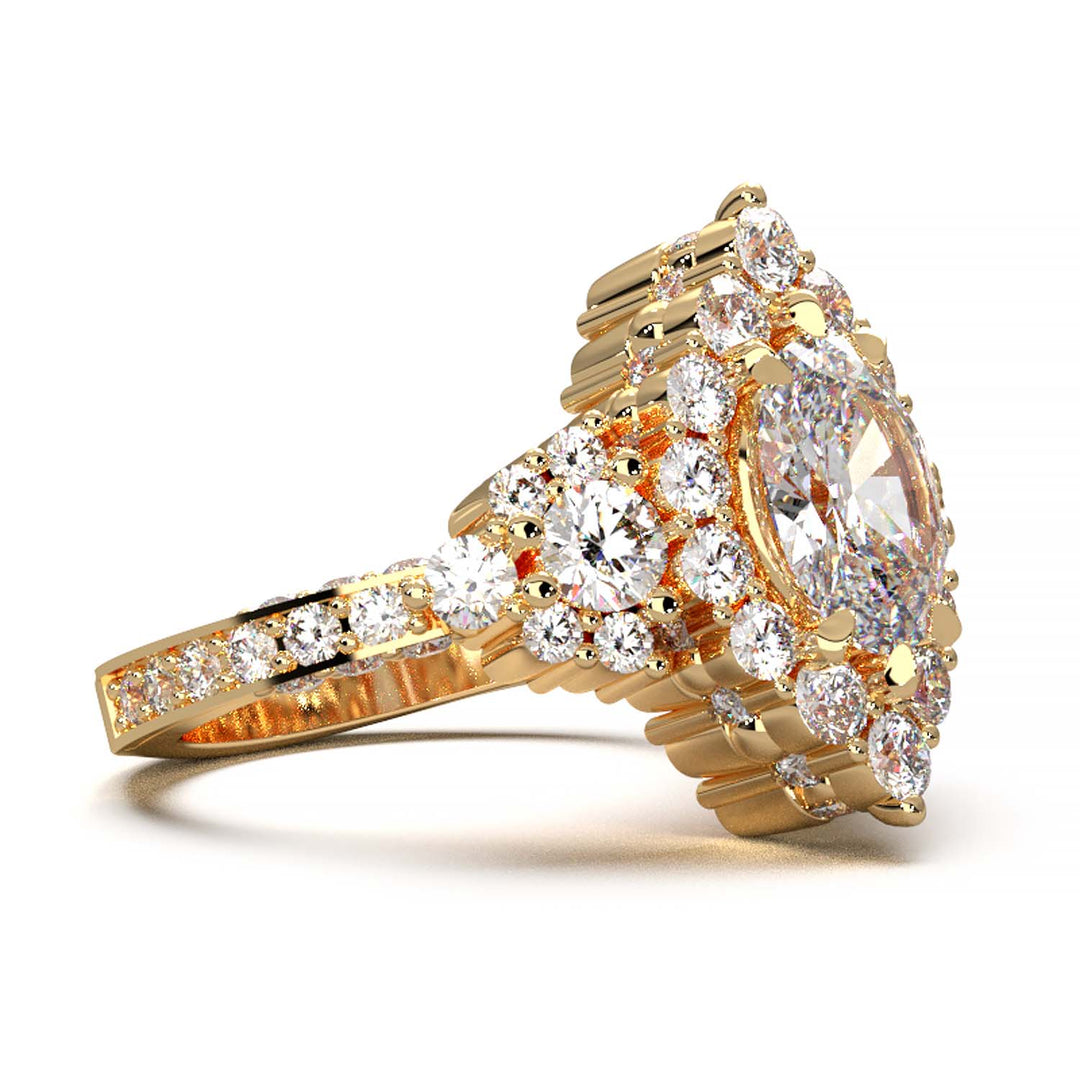 Majestic 1.30 CT Oval-Cut Lab-Grown Diamond Engagement Ring Encircled by a Sparkling Halo and Adorned with an Under-gallery of Pave Diamonds in a Yellow Gold Setting