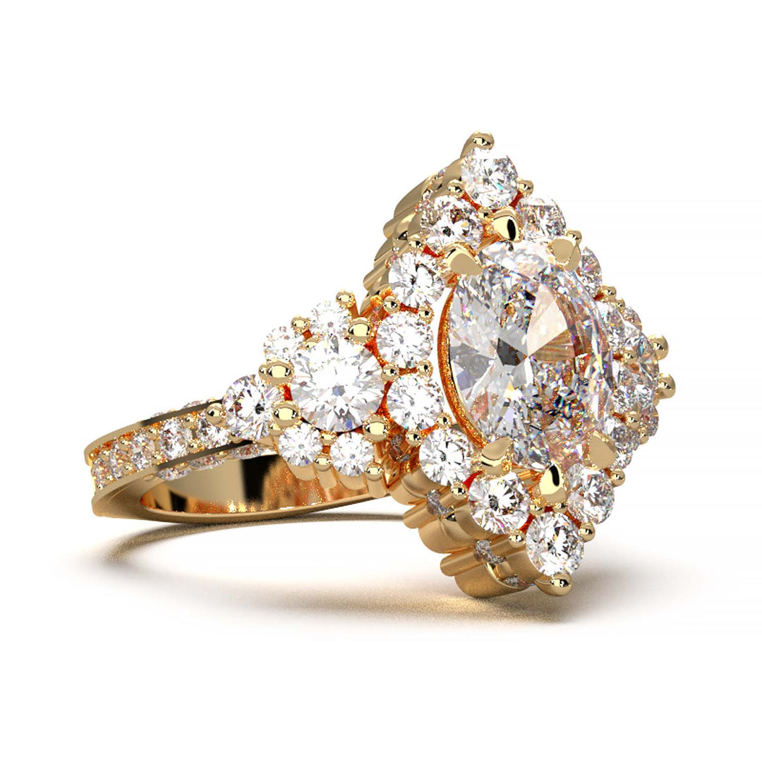 Majestic 1.30 CT Oval-Cut Lab-Grown Diamond Engagement Ring Encircled by a Sparkling Halo and Adorned with an Under-gallery of Pave Diamonds in a Yellow Gold Setting