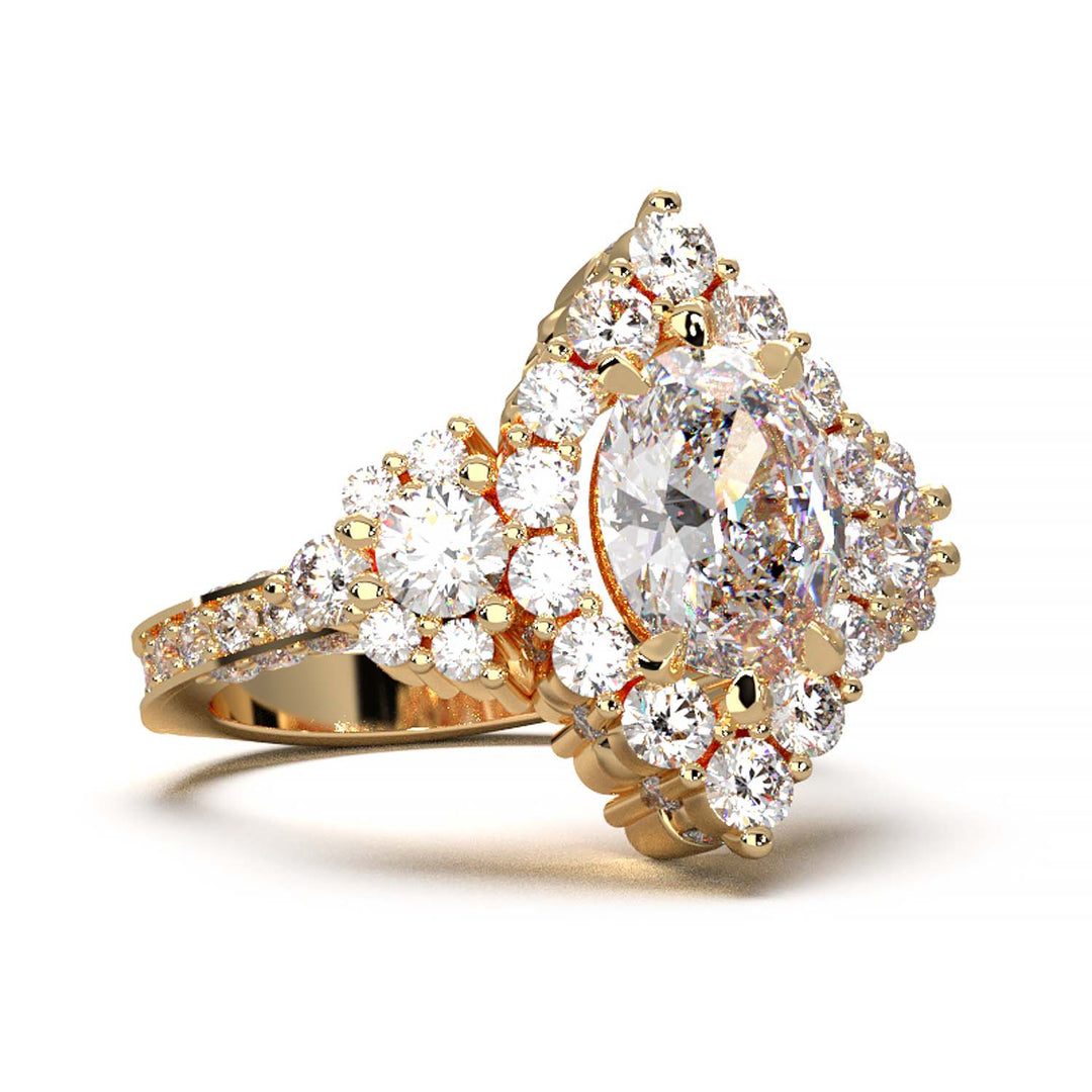 Majestic 1.30 CT Oval-Cut Lab-Grown Diamond Engagement Ring Encircled by a Sparkling Halo and Adorned with an Under-gallery of Pave Diamonds in a Yellow Gold Setting