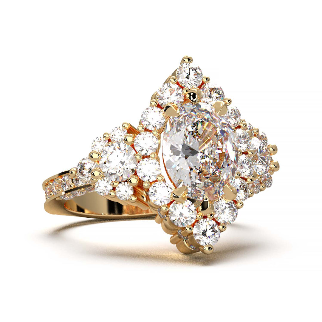 Majestic 1.30 CT Oval-Cut Lab-Grown Diamond Engagement Ring Encircled by a Sparkling Halo and Adorned with an Under-gallery of Pave Diamonds in a Yellow Gold Setting