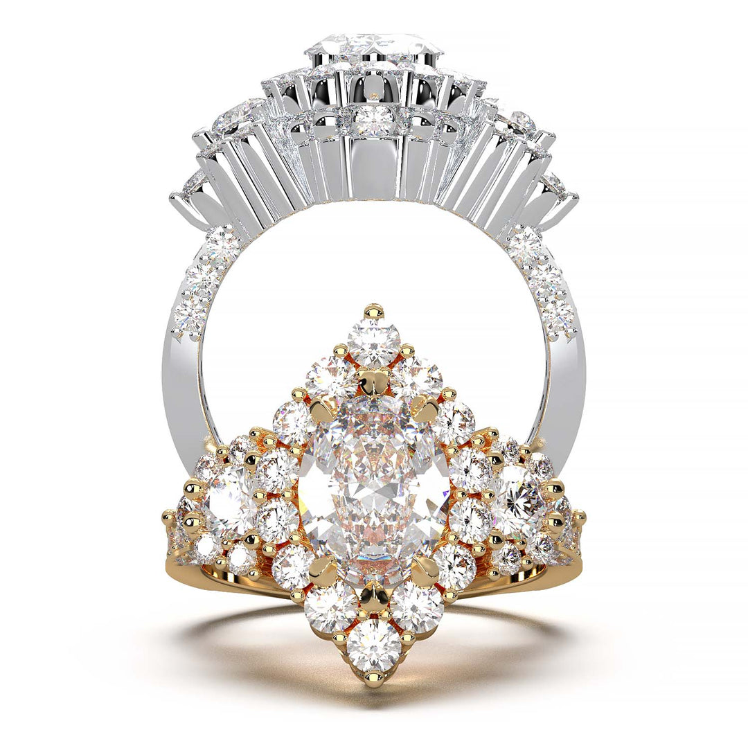 Majestic 1.30 CT Oval-Cut Lab-Grown Diamond Engagement Ring Encircled by a Sparkling Halo and Adorned with an Under-gallery of Pave Diamonds in a Yellow Gold Setting