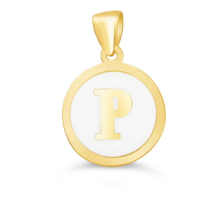 10K Gold Initial "P" Pendant with white enamel backdrop and polished gold frame.
