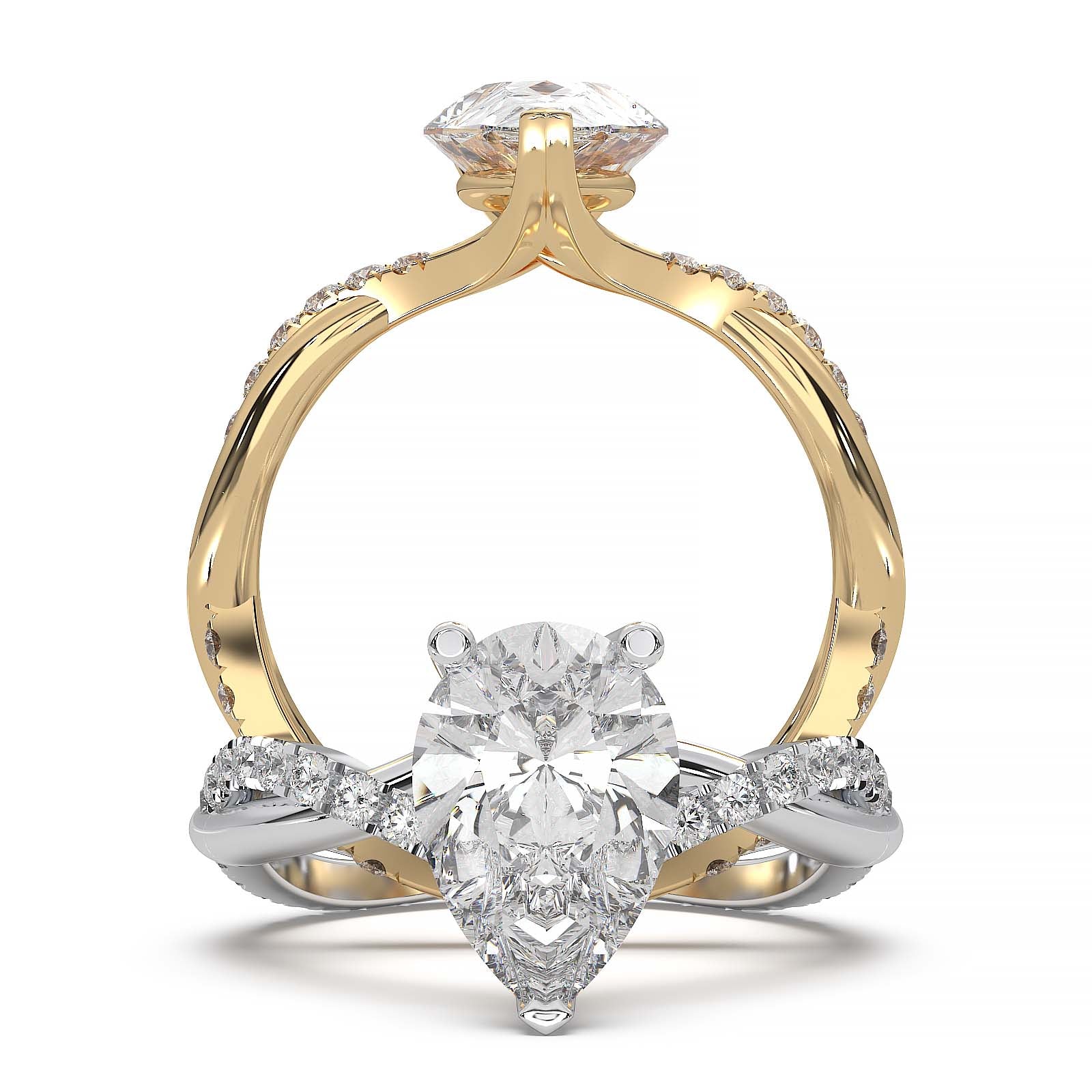 Moissanite pear-shaped engagement ring with 1.20CT center stone, accent moissanite, set in 14K gold.