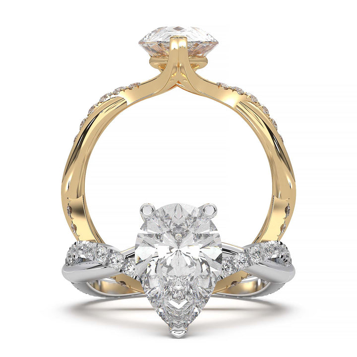 Moissanite pear-shaped engagement ring with 1.20CT center stone, accent moissanite, set in 14K gold.