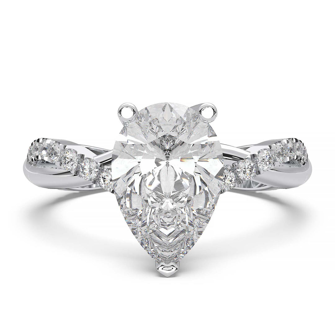 Moissanite pear-shaped engagement ring with 1.20CT center stone, accent moissanite, set in 14K gold.