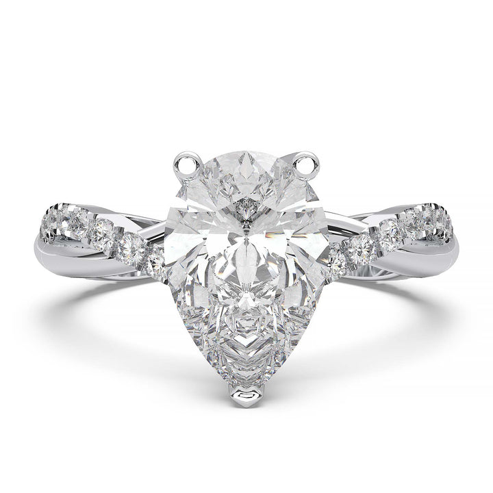 Moissanite pear-shaped engagement ring with 1.20CT center stone, accent moissanite, set in 14K gold.