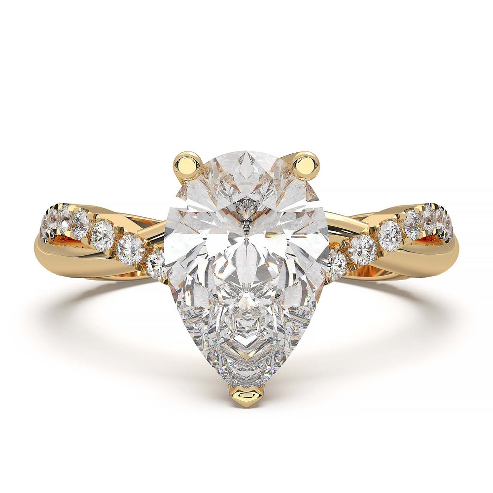 Moissanite pear-shaped engagement ring with 1.20CT center stone, accent moissanite, set in 14K gold.