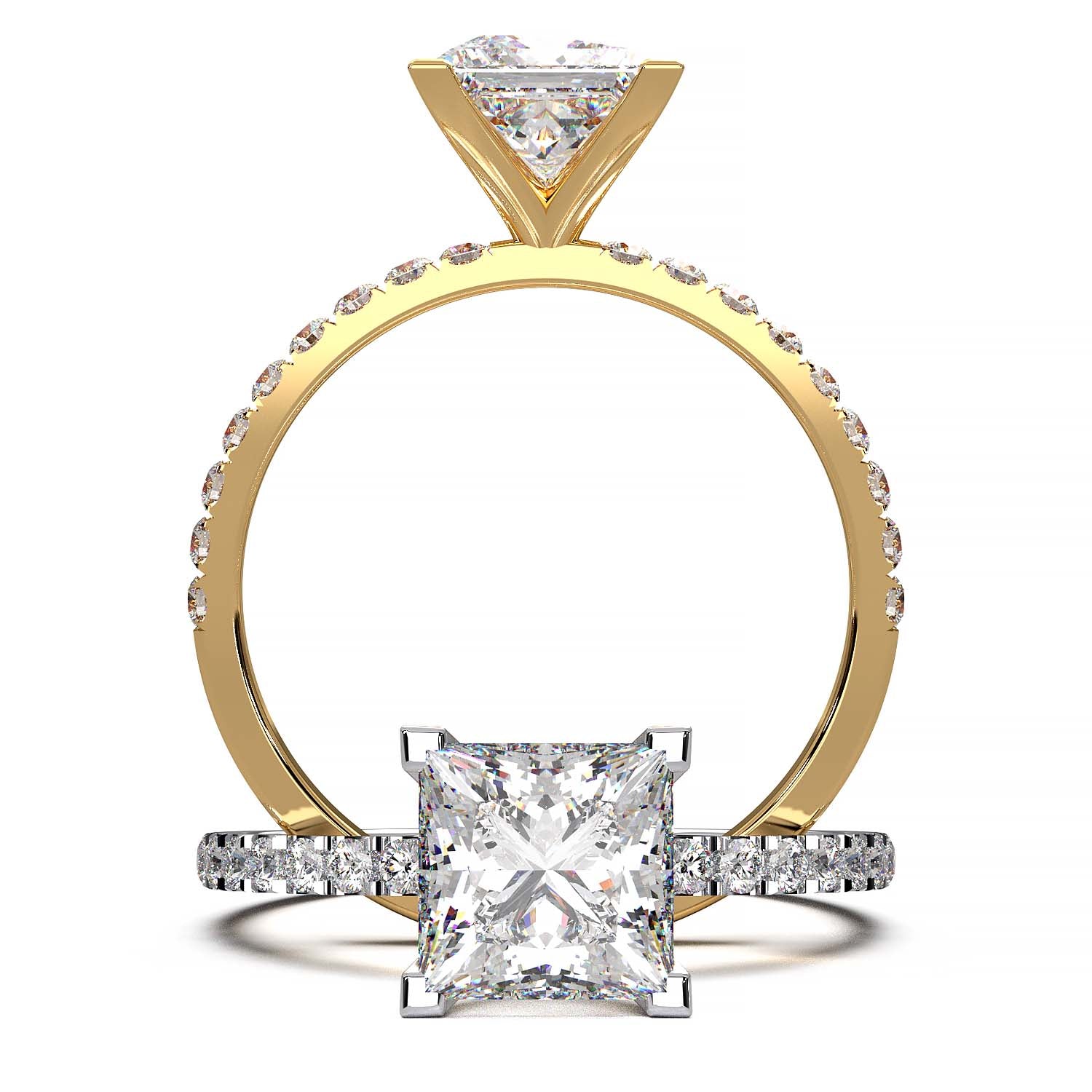 1.25 carat princess cut lab-grown diamond engagement ring with pave band and flush-fit base for a matching band alignment.