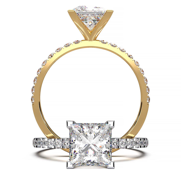 1.25 carat princess cut lab-grown diamond engagement ring with pave band and flush-fit base for a matching band alignment.