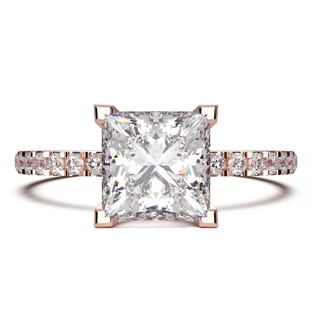 1.25 carat princess cut lab-grown diamond engagement ring with pave band and flush-fit base for a matching band alignment.