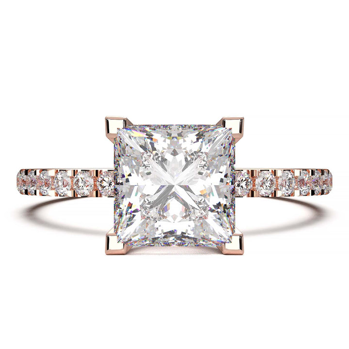 1.25 carat princess cut lab-grown diamond engagement ring with pave band and flush-fit base for a matching band alignment.