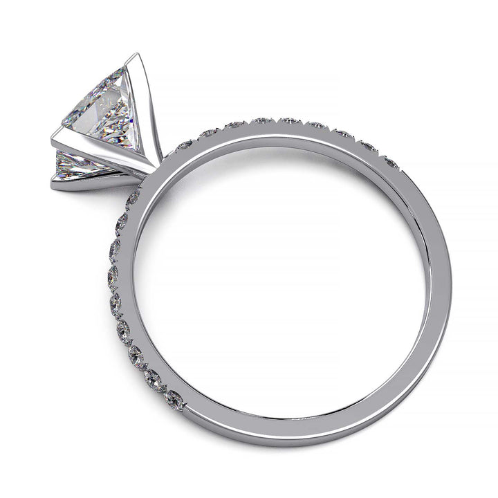 1.25 carat princess cut lab-grown diamond engagement ring with pave band and flush-fit base for a matching band alignment.