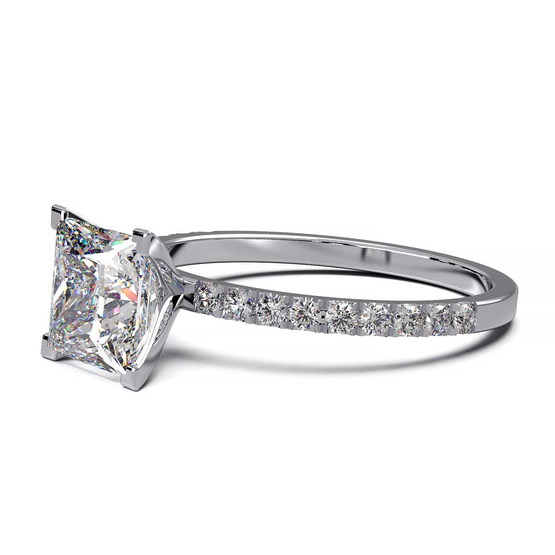 1.25 carat princess cut lab-grown diamond engagement ring with pave band and flush-fit base for a matching band alignment.