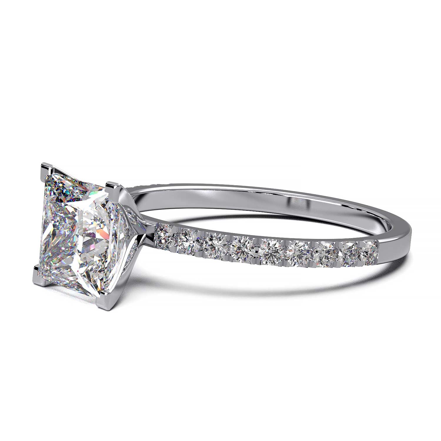 1.25 carat princess cut lab-grown diamond engagement ring with pave band and flush-fit base for a matching band alignment.