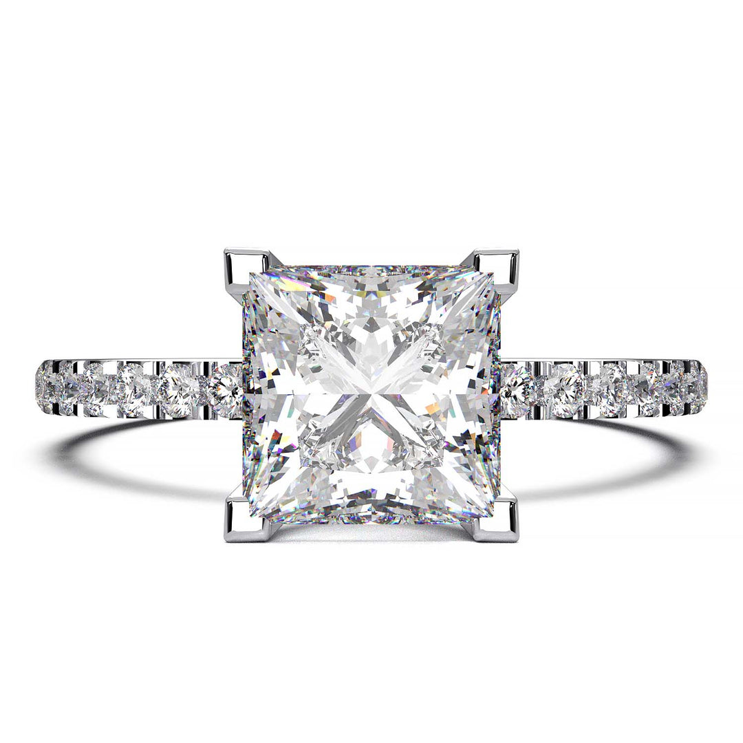 1.25 carat princess cut lab-grown diamond engagement ring with pave band and flush-fit base for a matching band alignment.