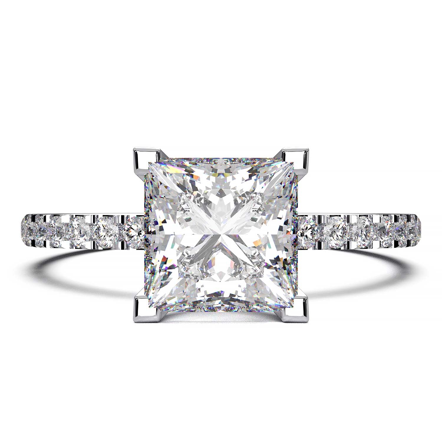 1.25 carat princess cut lab-grown diamond engagement ring with pave band and flush-fit base for a matching band alignment.