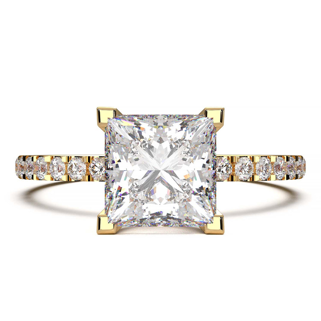 1.25 carat princess cut lab-grown diamond engagement ring with pave band and flush-fit base for a matching band alignment.