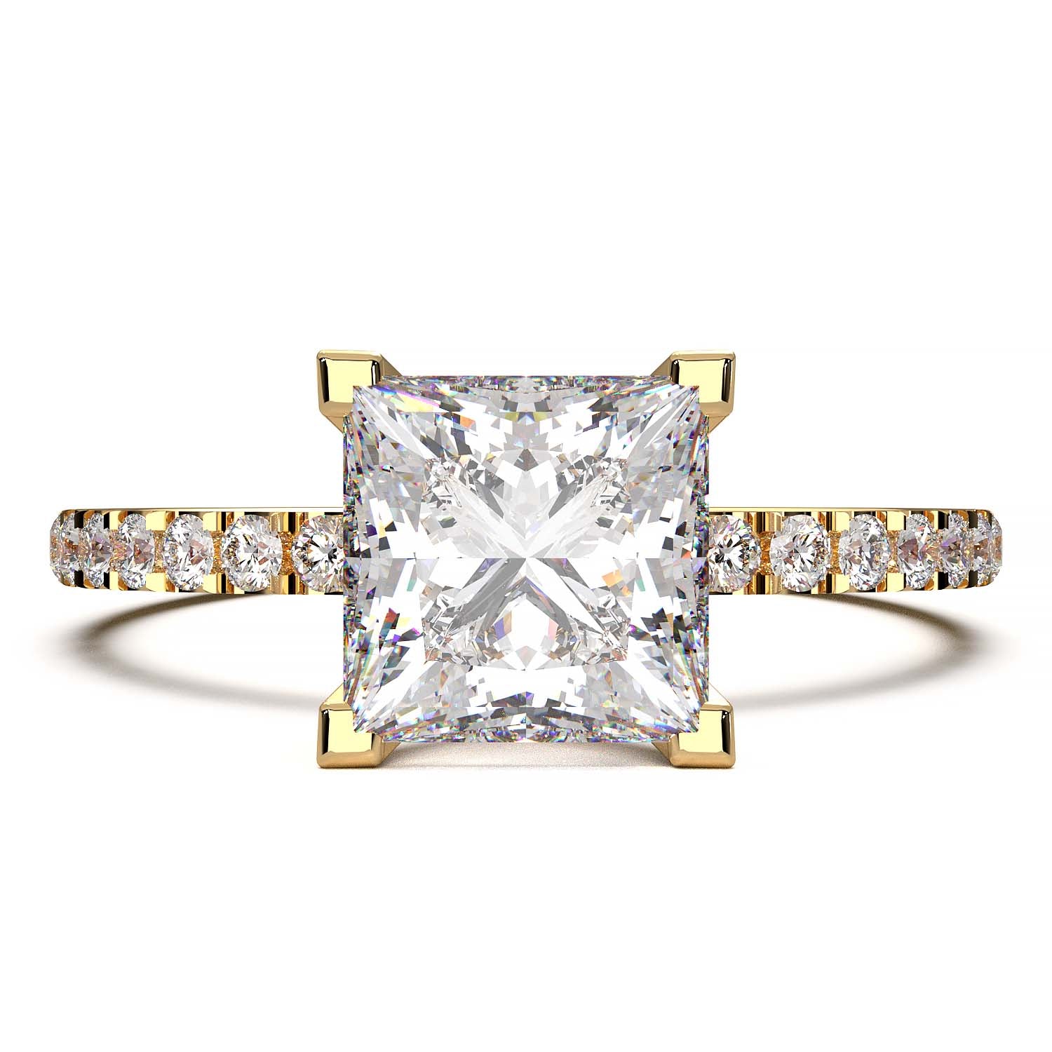 1.25 carat princess cut lab-grown diamond engagement ring with pave band and flush-fit base for a matching band alignment.