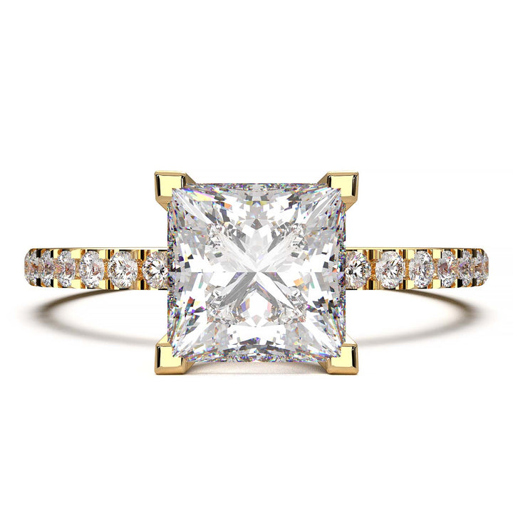 1.25 carat princess cut lab-grown diamond engagement ring with pave band and flush-fit base for a matching band alignment.