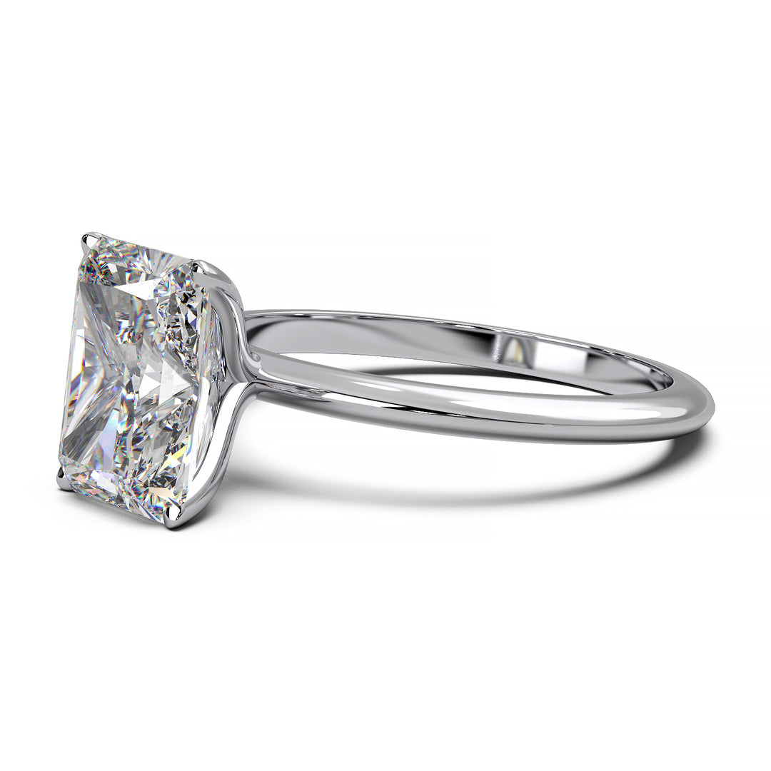 Radiant cut lab-grown diamond solitaire engagement ring with 1.7 carat diamond.