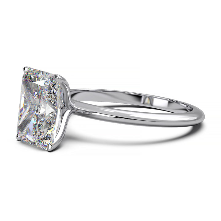 Radiant cut lab-grown diamond solitaire engagement ring with 1.7 carat diamond.