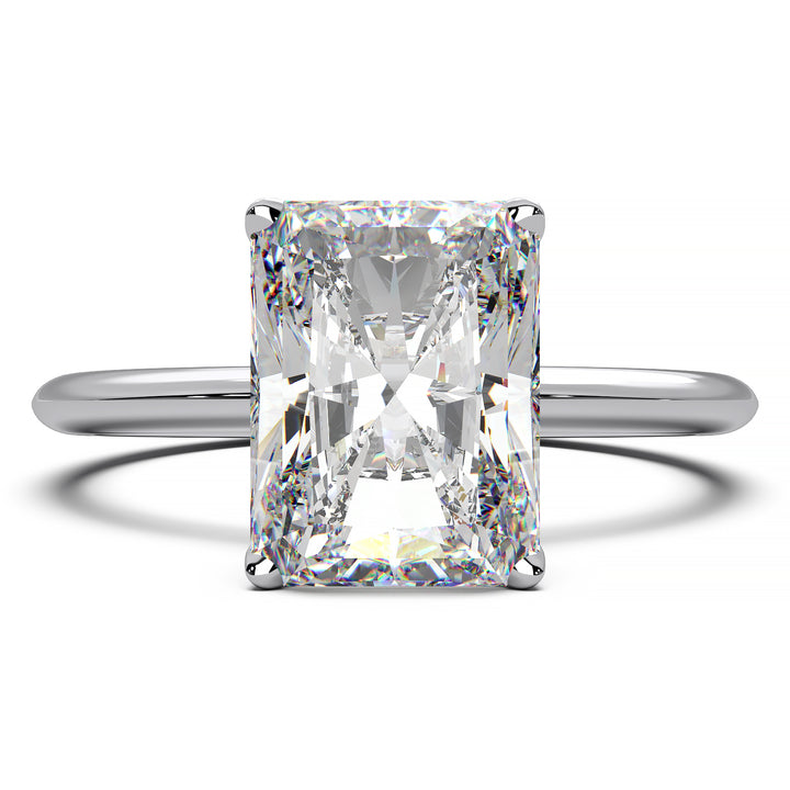 Radiant cut lab-grown diamond solitaire engagement ring with 1.7 carat diamond.