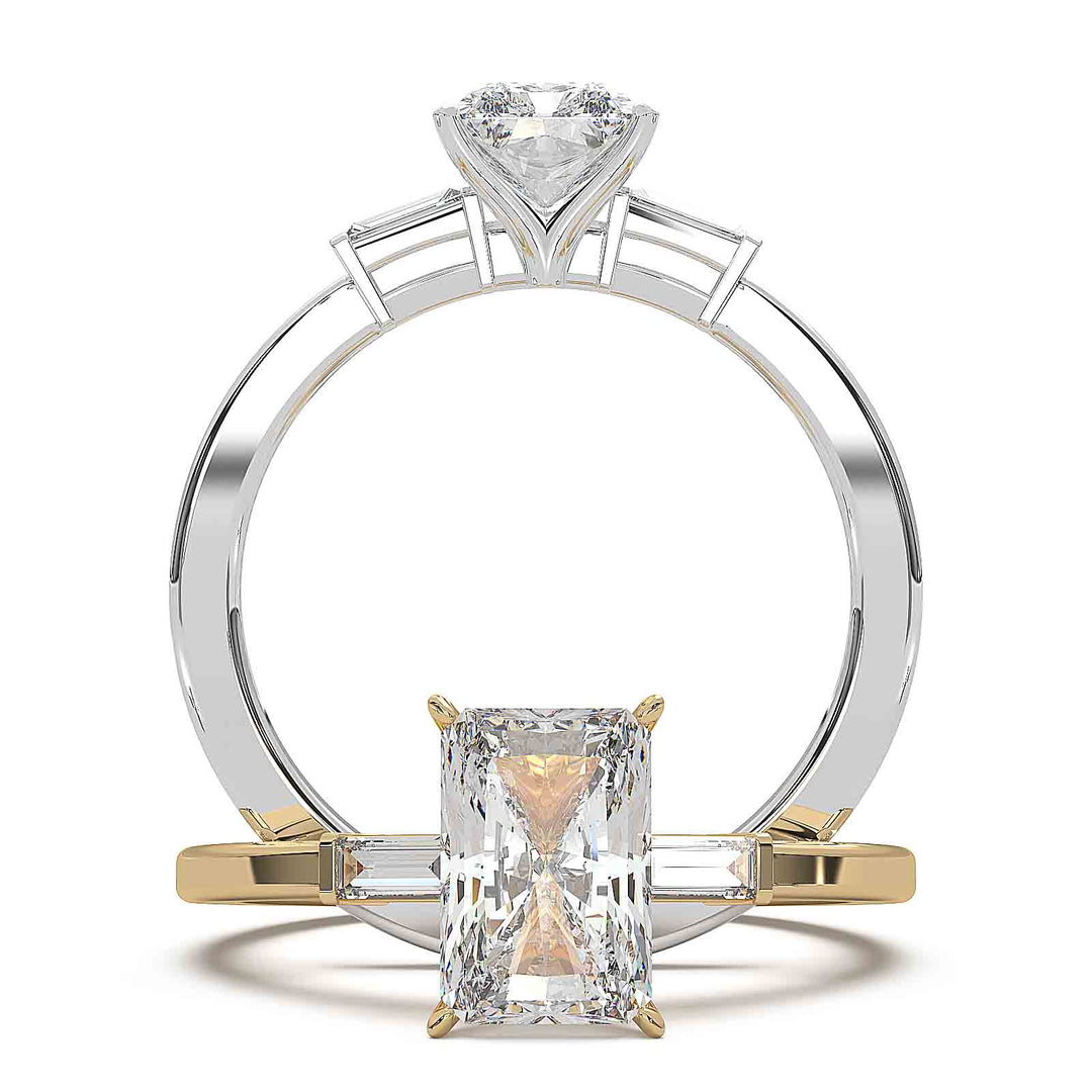 Radiant cut diamond three-stone engagement ring with 1.5 CT lab-grown center diamond and baguette side stones in a modern design.