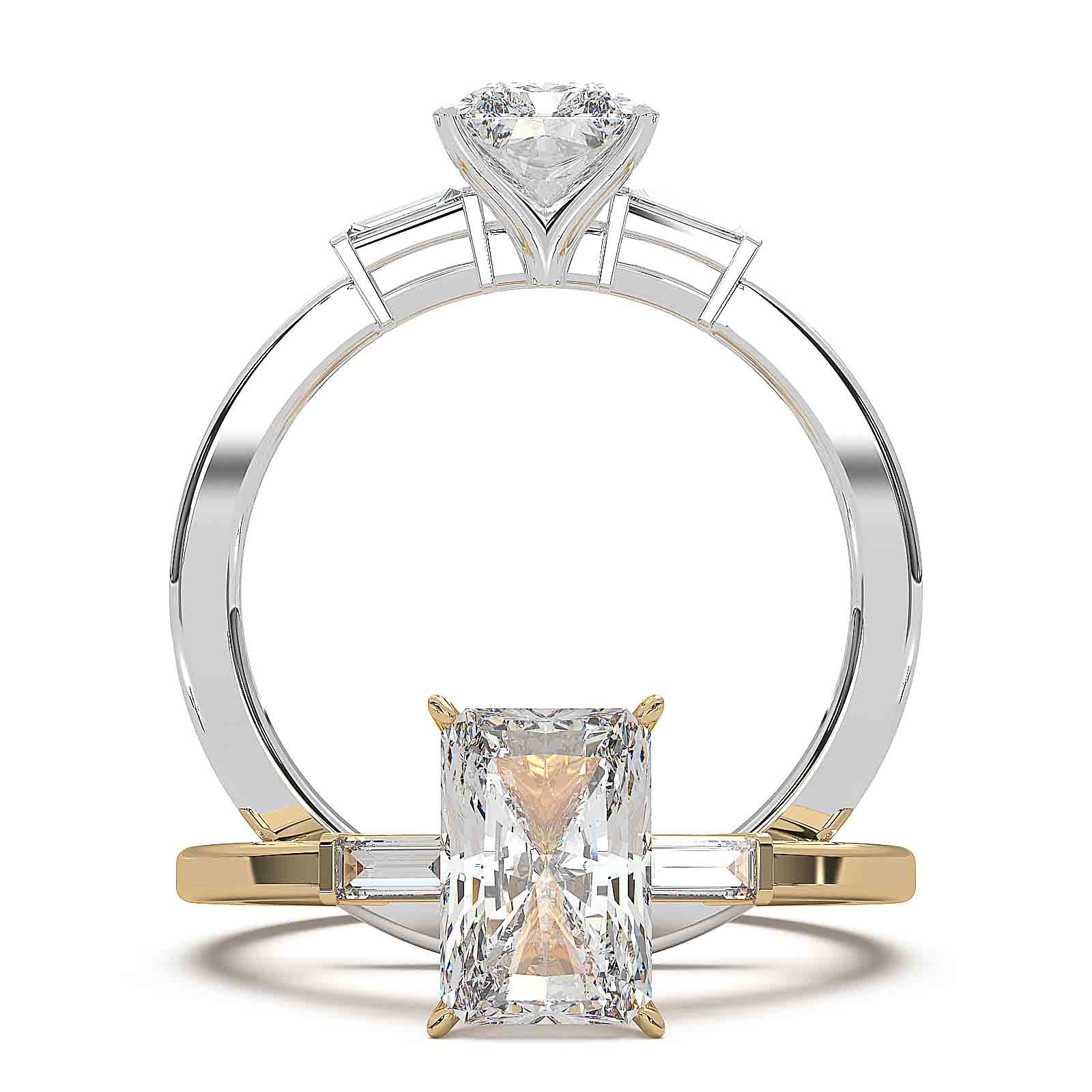 Radiant cut diamond three-stone engagement ring with 1.5 CT lab-grown center diamond and baguette side stones in a modern design.