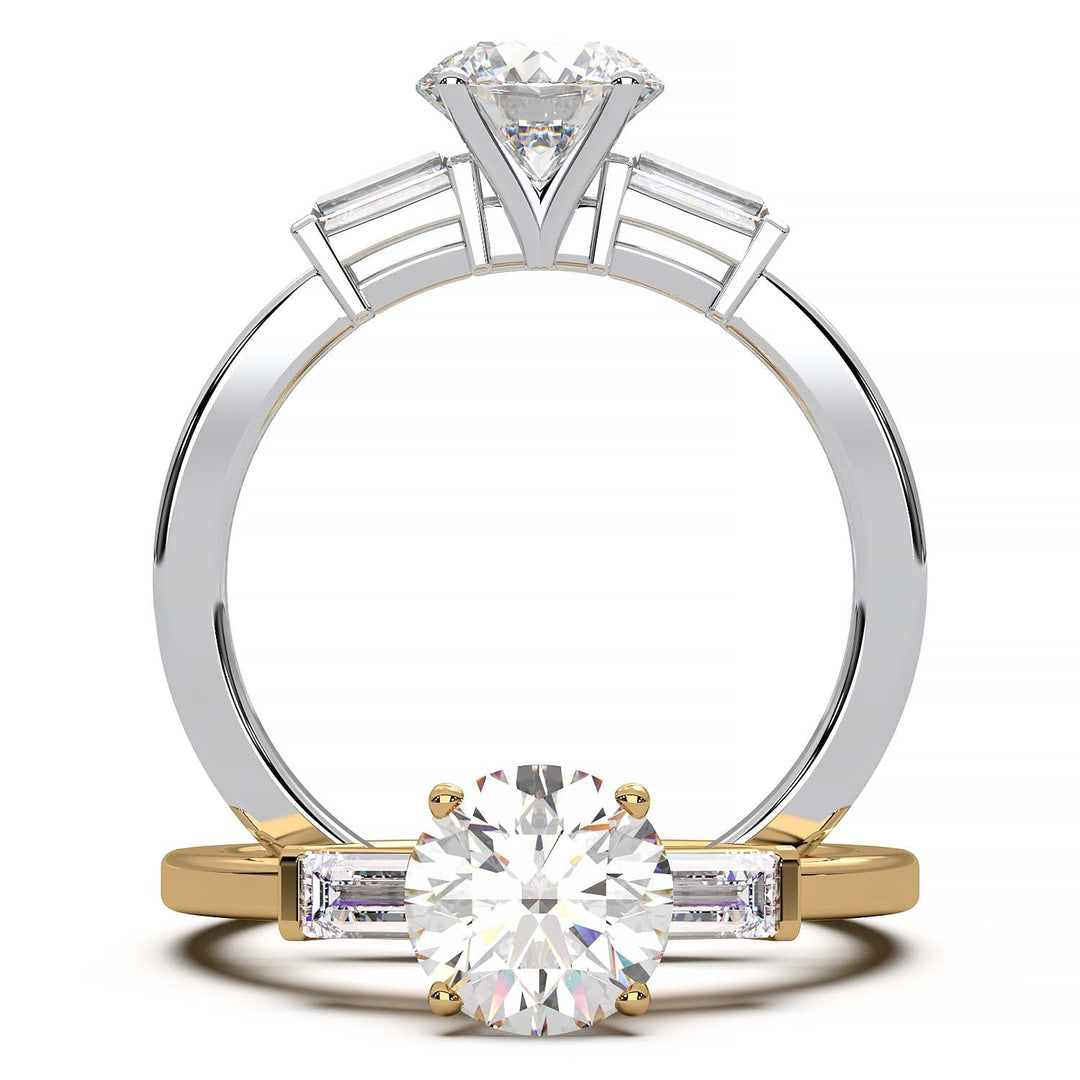 Elegant Round Diamond and Baguette Engagement Ring in Platinum or Gold