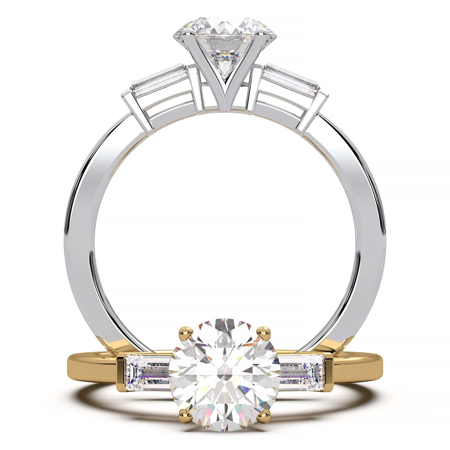 Elegant Round Diamond and Baguette Engagement Ring in Platinum or Gold