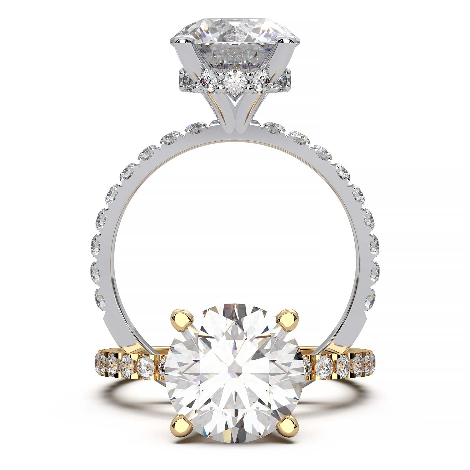 2.5 carat round diamond engagement ring with hidden halo and pavé band