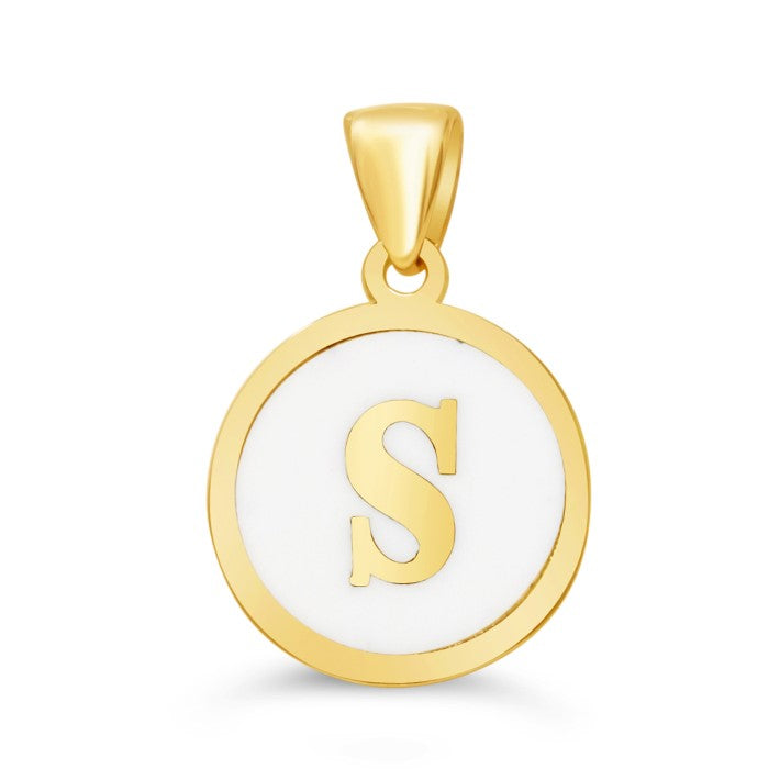 10K Gold Initial "S" Pendant with white enamel background and polished gold frame.