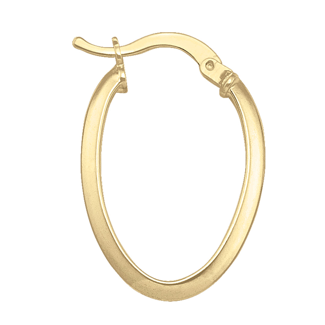 10k or 14k yellow gold oval hoop earrings with a distinctive knife-edge design, measuring 24.6mm high with a 2.1mm wide tube.