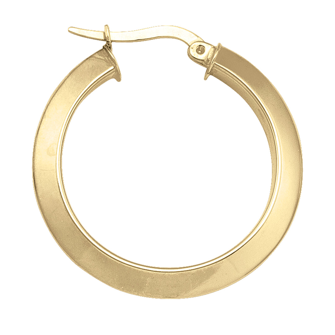 14k yellow gold knife edge hoop earrings with a unique design, featuring a 26.7mm size and a 3.3mm tube width with a polished finish.