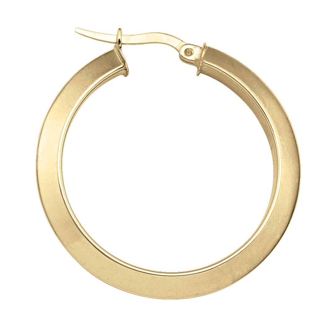 14k yellow gold knife edge hoop earrings with a unique design, featuring a 30.1mm size and a 3.3mm tube width with a polished finish.