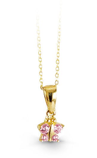 A 10K yellow gold butterfly necklace with pink cubic zirconia stones and a 14-inch chain for babies and kids.