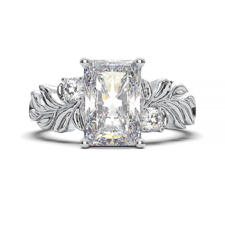 Radiant cut diamond engagement ring with leaf design.