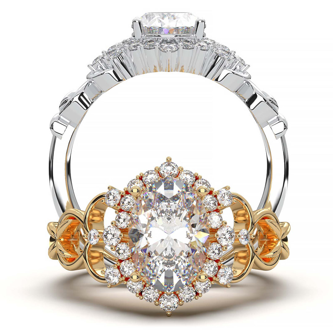 Oval-cut lab-grown diamond engagement ring with intricate vintage-inspired halo design and delicate band.