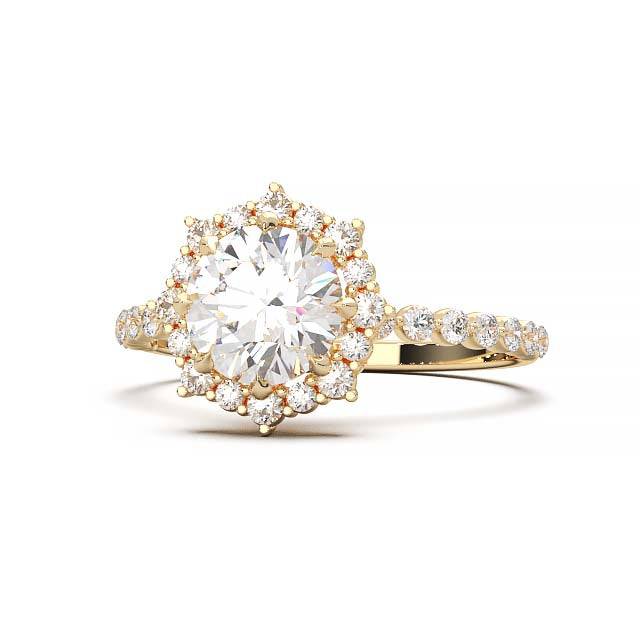 Captivating 1 CT Lab-Grown Round Diamond Sunburst Halo Engagement Ring with Shared Prong Band in 14K White Gold - A Sparkling Ode to Celestial Beauty