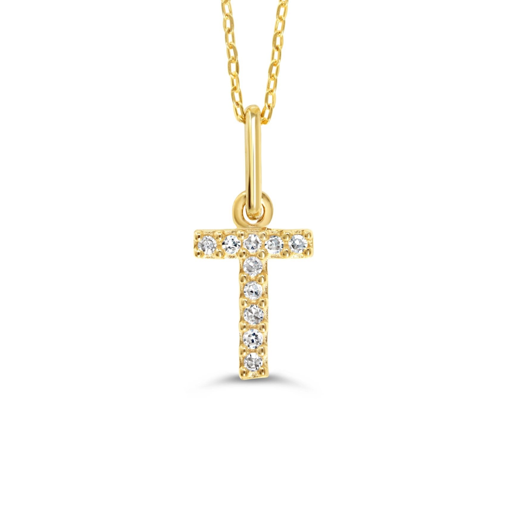 Yellow gold diamond "T" pendant necklace with 0.03CT diamonds and cable chain.