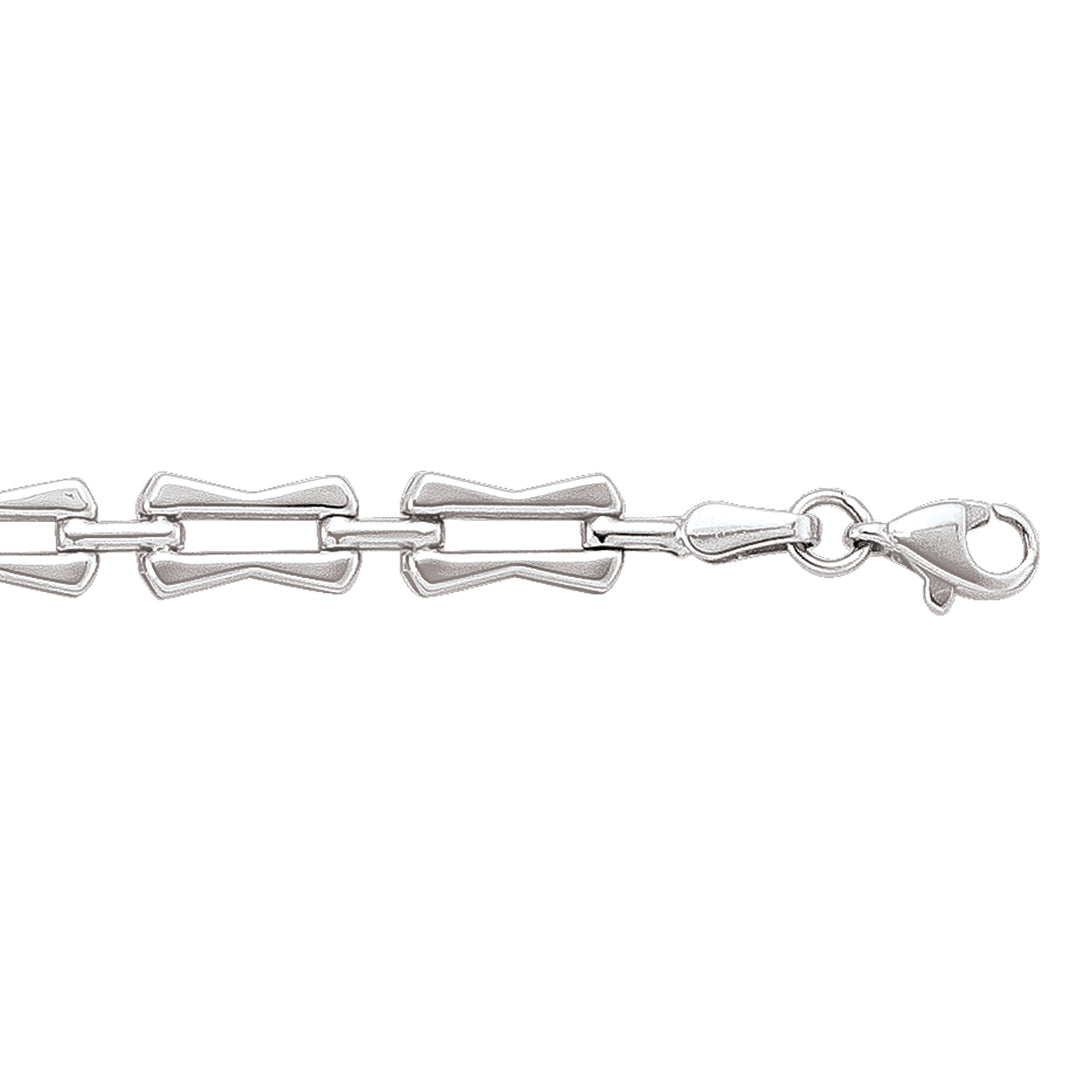 Silver-white 14K gold bracelet with hollow, interlocking fancy links and a secure clasp, measuring 5.8 mm in width and 7.25 inches in length.