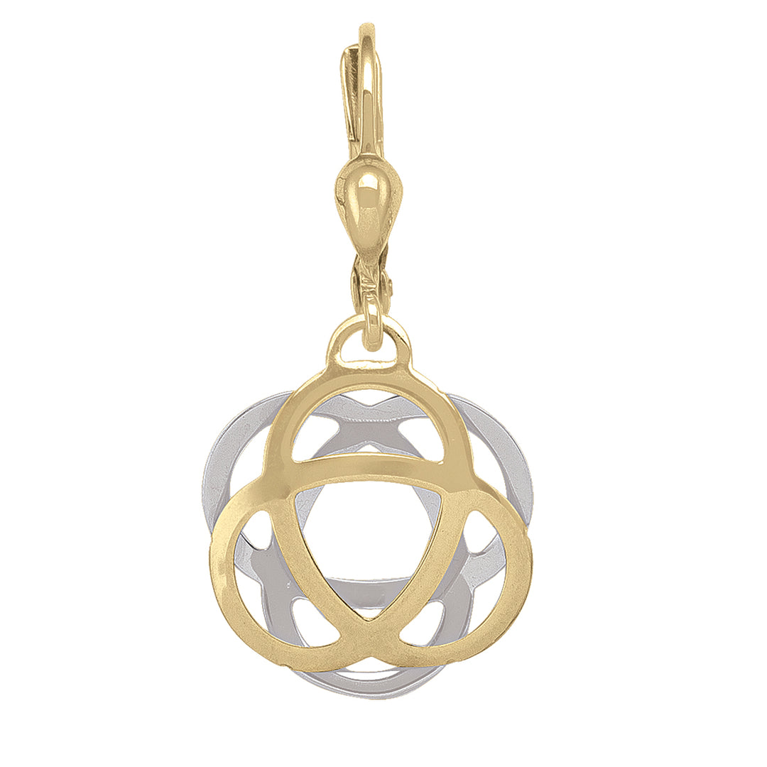 14k two-tone gold drop earrings featuring a yellow gold geometric pattern over a white gold orb, measuring 15.5mm in width.